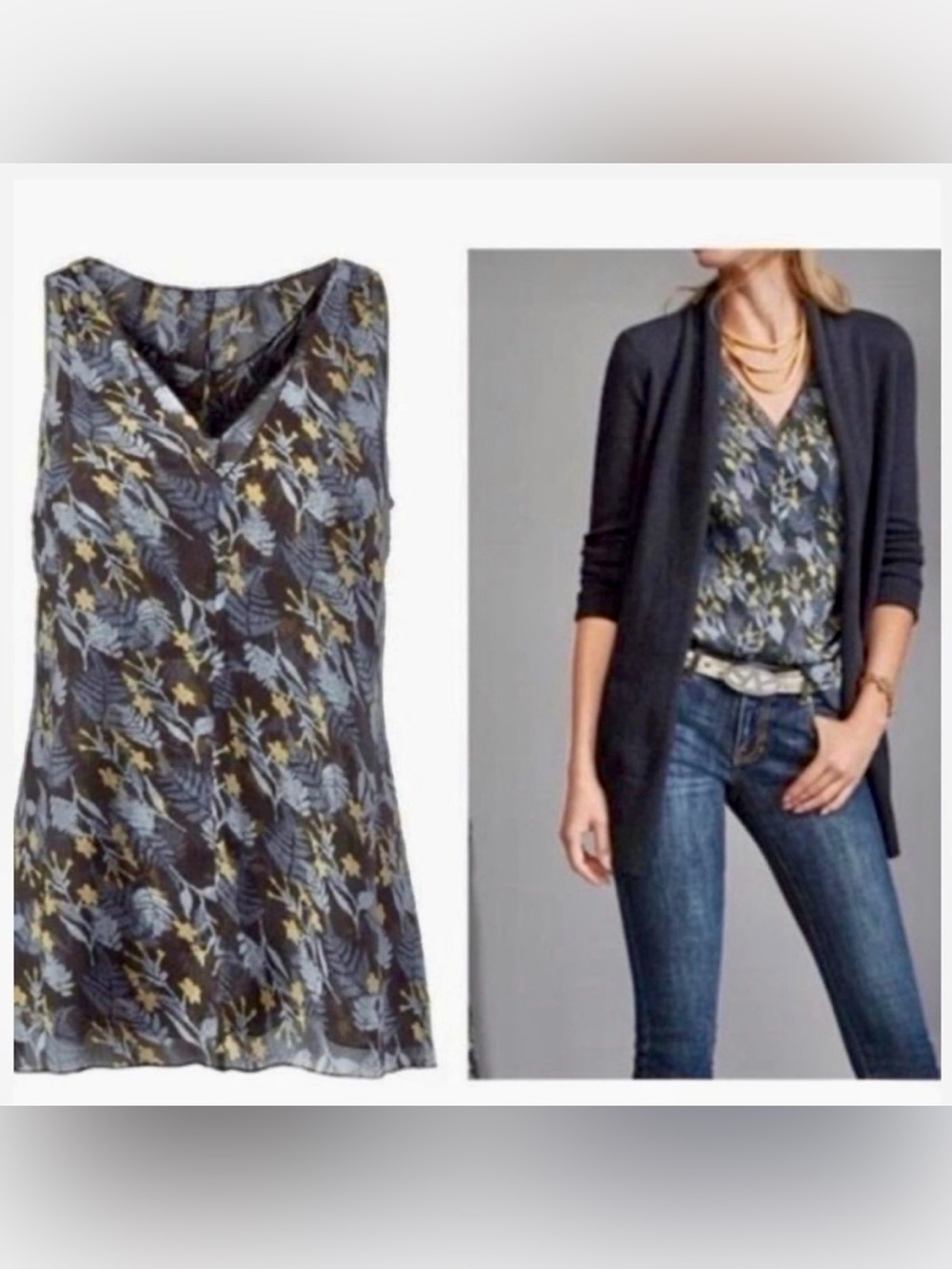 Cabi Fern Blouse Sleeveless V-Neck Floral Top in Charcoal & Blue Size Small 3450